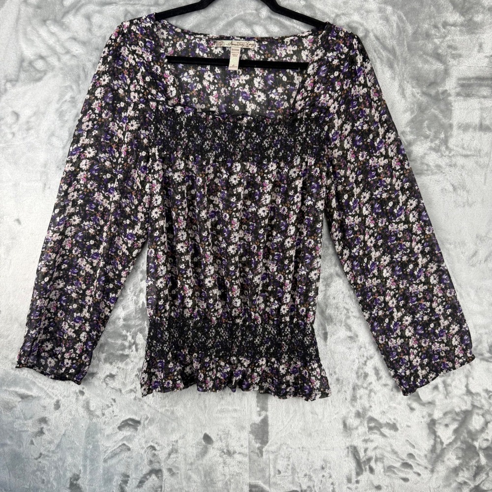 American Rag Floral Smocked Blouse Purple White Chiffon Square Neck BOHO Large - Picture 10 of 14
